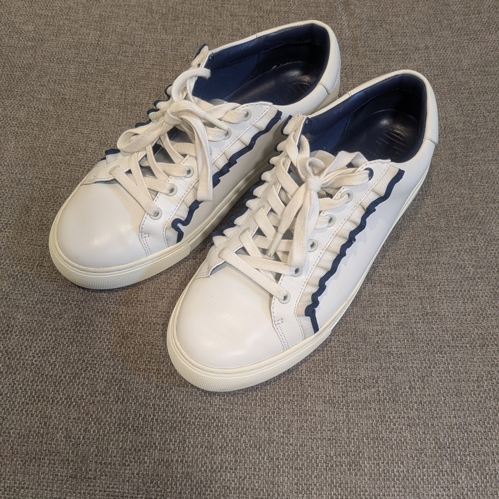 Tory Burch Sport White & Blue Leather Sneakers | Minimalist Casual Shoes